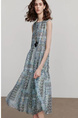 Teal Bohemian Style Dress Summer Women's Beach Seaside Vacation Round Neck Sleeveless Floral A-Line Skirt