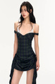 Cchun Pure Plaid Drawstring Eyelash Lace Fake Two-Piece Sling Dress in Dark Green