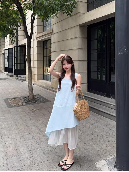 High Quality Vest Dress Women's Summer 2025 New Style French Style Elegance Superior Sense Seaside Vacation Long Skirt Light Blue