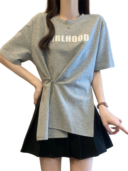 Real Shot of 2025 Large Size Summer New Design Irregular Letter Versatile T-Shirt Women's Loose Casual Tops Women Gray