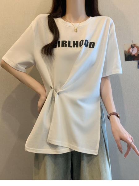 Real Shot of 2025 Large Size Summer New Design Irregular Letter Versatile T-Shirt Women's Loose Casual Tops Women White