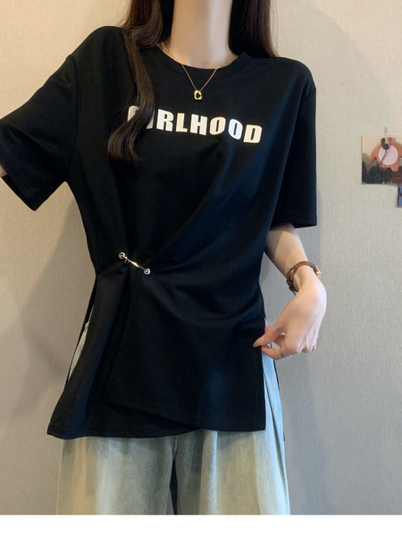 Real Shot of 2025 Large Size Summer New Design Irregular Letter Versatile T-Shirt Women's Loose Casual Tops Women Black