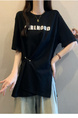 Real Shot of 2025 Large Size Summer New Design Irregular Letter Versatile T-Shirt Women's Loose Casual Tops Women Black
