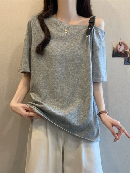 Real Price and Real Shot 2025 Summer New Fat MM Plus Size Female Fashion Versatile Careful Machine Shoulder Fashion Short-Sleeved T-Shirt Gray
