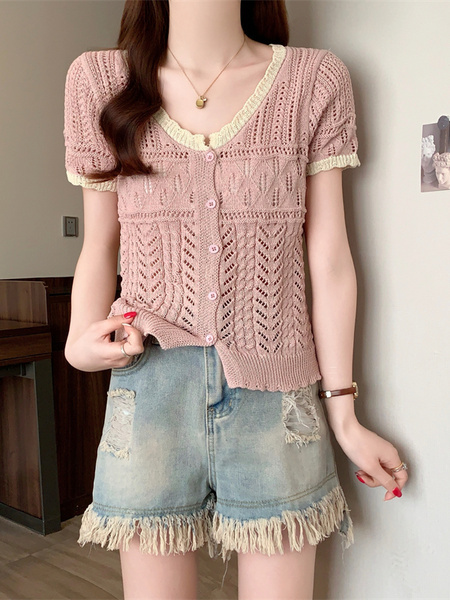 Real Shot Wholesale Price 2025 Summer New Hollow Button Niche V-Neck Contrast Color Stitching Short-Sleeved Knitted Tops for Women Pink