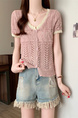 Real Shot Wholesale Price 2025 Summer New Hollow Button Niche V-Neck Contrast Color Stitching Short-Sleeved Knitted Tops for Women Pink
