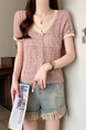 Real Shot Wholesale Price 2025 Summer New Hollow Button Niche V-Neck Contrast Color Stitching Short-Sleeved Knitted Tops for Women Pink