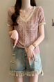 Real Shot Wholesale Price 2025 Summer New Hollow Button Niche V-Neck Contrast Color Stitching Short-Sleeved Knitted Tops for Women Pink