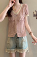 Real Shot Wholesale Price 2025 Summer New Hollow Button Niche V-Neck Contrast Color Stitching Short-Sleeved Knitted Tops for Women Pink