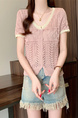 Real Shot Wholesale Price 2025 Summer New Hollow Button Niche V-Neck Contrast Color Stitching Short-Sleeved Knitted Tops for Women Pink