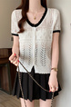 Real Shot Wholesale Price 2025 Summer New Hollow Button Niche V-Neck Contrast Color Stitching Short-Sleeved Knitted Tops for Women Cream