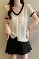 Real Shot Wholesale Price 2025 Summer New Hollow Button Niche V-Neck Contrast Color Stitching Short-Sleeved Knitted Tops for Women Cream