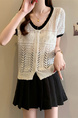 Real Shot Wholesale Price 2025 Summer New Hollow Button Niche V-Neck Contrast Color Stitching Short-Sleeved Knitted Tops for Women Cream