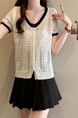 Real Shot Wholesale Price 2025 Summer New Hollow Button Niche V-Neck Contrast Color Stitching Short-Sleeved Knitted Tops for Women Cream