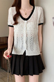 Real Shot Wholesale Price 2025 Summer New Hollow Button Niche V-Neck Contrast Color Stitching Short-Sleeved Knitted Tops for Women Cream