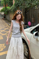 Real Shot Short-Sleeved T-shirt Summer 2025 New Trendy Back Opening Short Slim Round Neck Top Korean Style Women's Clothing Gray