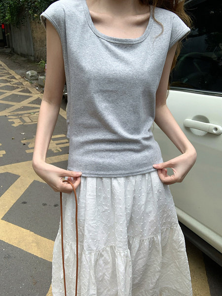 Real Shot Short-Sleeved T-shirt Summer 2025 New Trendy Back Opening Short Slim Round Neck Top Korean Style Women's Clothing Gray