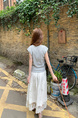 Real Shot Short-Sleeved T-shirt Summer 2025 New Trendy Back Opening Short Slim Round Neck Top Korean Style Women's Clothing Gray