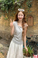 Real Shot Short-Sleeved T-shirt Summer 2025 New Trendy Back Opening Short Slim Round Neck Top Korean Style Women's Clothing Gray