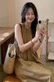 French Seaside Holiday Halter Neck Long Dress - New Summer Women's Loose Sleeveless Vest Dress in Brown with Pockets on Both Sides