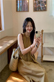French Seaside Holiday Halter Neck Long Dress - New Summer Women's Loose Sleeveless Vest Dress in Brown with Pockets on Both Sides