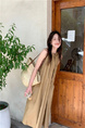 French Seaside Holiday Halter Neck Long Dress - New Summer Women's Loose Sleeveless Vest Dress in Brown with Pockets on Both Sides