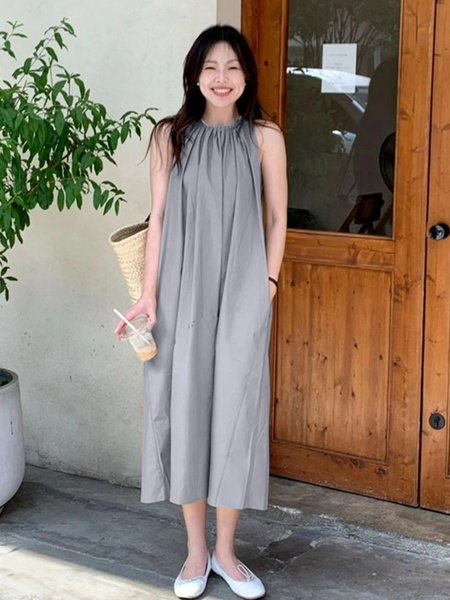 French Seaside Holiday Halter Neck Long Dress - New Summer Women's Loose Sleeveless Vest Dress in Gray with Pockets on Both Sides