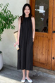 French Seaside Holiday Halter Neck Long Dress - New Summer Women's Loose Sleeveless Vest Dress in Black with Pockets on Both Sides