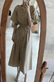Korean Chic French Retro V-Neck Single-Breasted Lace-Up Waist Slimming Temperament Dress in Beige with Pockets and Belt