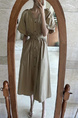 Korean Chic French Retro V-Neck Single-Breasted Lace-Up Waist Slimming Temperament Dress in Beige with Pockets and Belt