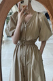 Korean Chic French Retro V-Neck Single-Breasted Lace-Up Waist Slimming Temperament Dress in Beige with Pockets and Belt