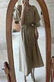 Korean Chic French Retro V-Neck Single-Breasted Lace-Up Waist Slimming Temperament Dress in Beige with Pockets and Belt