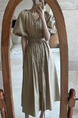 Korean Chic French Retro V-Neck Single-Breasted Lace-Up Waist Slimming Temperament Dress in Beige with Pockets and Belt