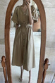 Korean Chic French Retro V-Neck Single-Breasted Lace-Up Waist Slimming Temperament Dress in Beige with Pockets and Belt
