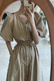 Korean Chic French Retro V-Neck Single-Breasted Lace-Up Waist Slimming Temperament Dress in Beige with Pockets and Belt