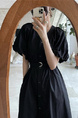 Korean Chic French Retro V-Neck Single-Breasted Lace-Up Waist Slimming Temperament Dress in Black with Pockets and Belt