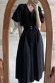 Korean Chic French Retro V-Neck Single-Breasted Lace-Up Waist Slimming Temperament Dress in Black with Pockets and Belt