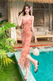 Swing Collar Floral Suspender Dress in Peach with Irregular Ruffled Long Skirt and Printed Slit Skirt
