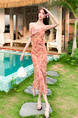 Swing Collar Floral Suspender Dress in Peach with Irregular Ruffled Long Skirt and Printed Slit Skirt
