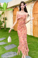 Swing Collar Floral Suspender Dress in Peach with Irregular Ruffled Long Skirt and Printed Slit Skirt