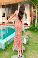 Swing Collar Floral Suspender Dress in Peach with Irregular Ruffled Long Skirt and Printed Slit Skirt