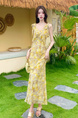 French Ruffled Floral Dress for Women 2025 Summer New Holiday Style Yellow V-Neck Tall Long Dress
