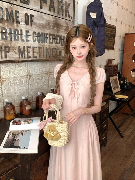 Acane Pink Long Style V Neck Waist-Cinching Short Sleeve Dress Women's Summer French Style Vintage Loose Fit Slimming A-Line Skirt in Soft Blush Pink