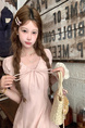 Acane Pink Long Style V Neck Waist-Cinching Short Sleeve Dress Women's Summer French Style Vintage Loose Fit Slimming A-Line Skirt in Soft Blush Pink