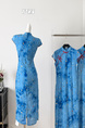 New Chinese Style National Style Eia A Yao Lantern Dream Embroidery Cheongsam Dress Women's Summer Beaded Halo Dyeing Long Skirt in Sky Blue