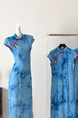 New Chinese Style National Style Eia A Yao Lantern Dream Embroidery Cheongsam Dress Women's Summer Beaded Halo Dyeing Long Skirt in Sky Blue
