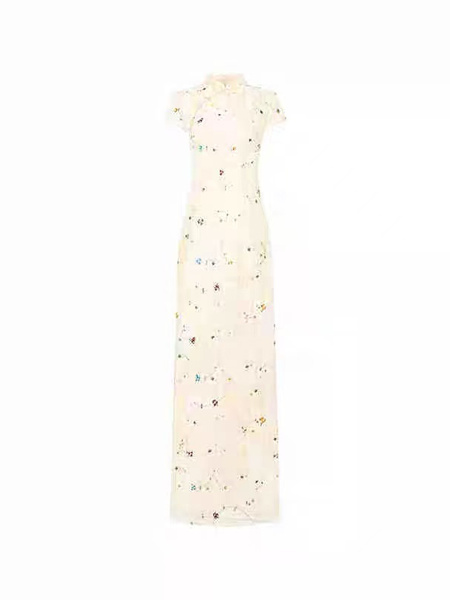 New Chinese Style National Style Eia A Yao Lantern Dream Embroidery Cheongsam Dress Women's Summer Beaded Halo Dyeing Long Skirt in Cream