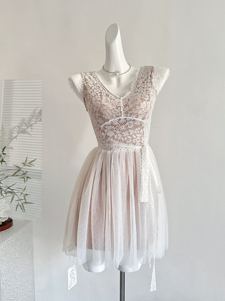 Htdog Hot Dogs Very Spicy Light Yarn Dance Lace Splicing Mesh Fabric Design Waist-cinching Slimming Sleeveless Dress in Light Pink