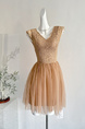 Htdog Hot Dogs Very Spicy Light Yarn Dance Lace Splicing Mesh Fabric Design Waist-cinching Slimming Sleeveless Dress in Beige