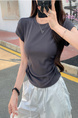 Real Shot Price Wrinkles Waist-cinching Positive Shoulder Short Sleeve T-Shirt Women Summer 2025 New Style Design Sense Slim Fit Short Style Top in Dark Gray